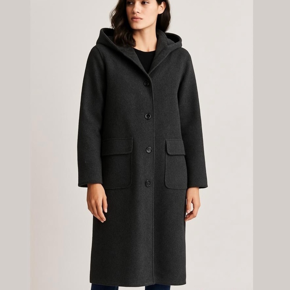 VTG EDDIE BAUER Charcoal Gray LONG Wool Coat Hood Button Up Front Lined Petite L